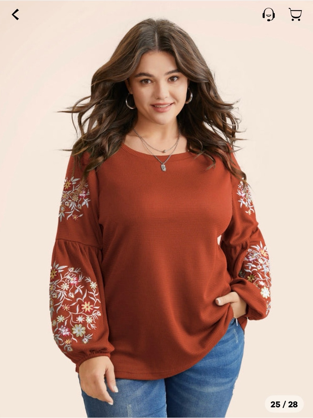 BloomChic Rust Waffle Knit Embroidered Lantern Sleeve Top - 28/5X